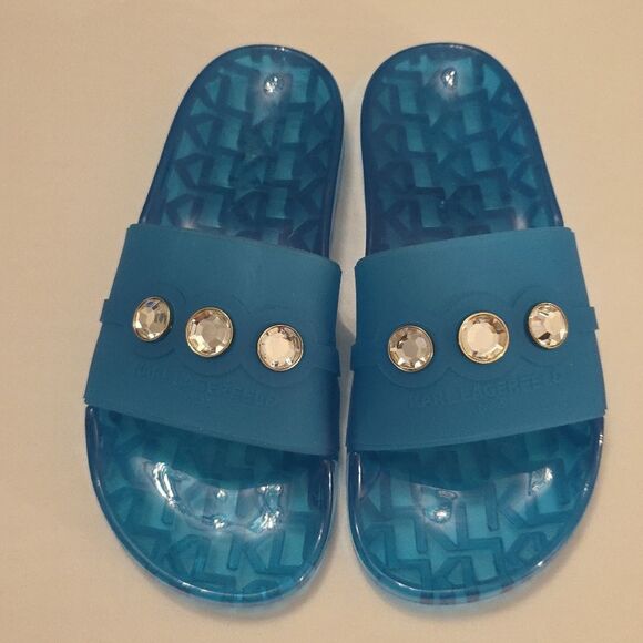 BRAND NEW KARL LAGERFELD TEAL SLIDE with CRYSTAL DETAILS SANDAL R3 - Picture 3 of 16